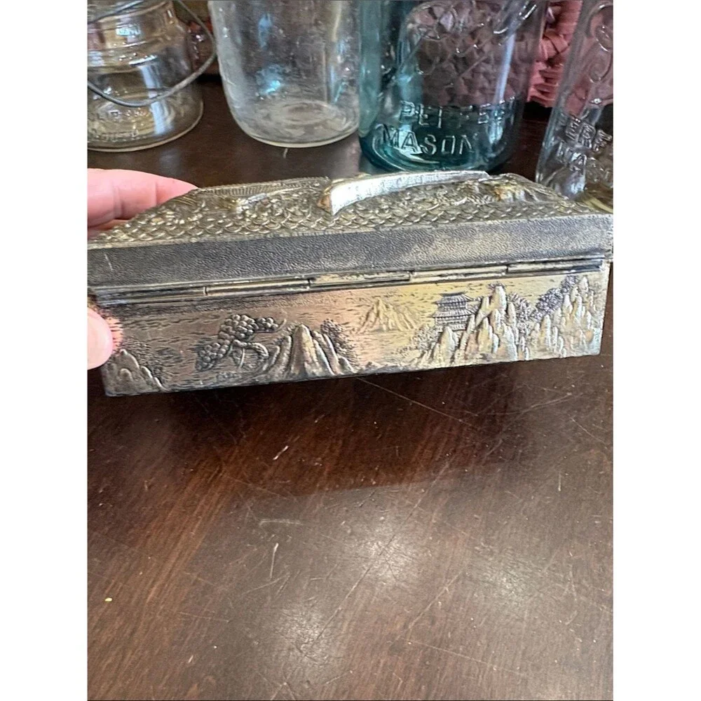 Ornate Embossed Metal Trinket Box in Aged Silver Tone